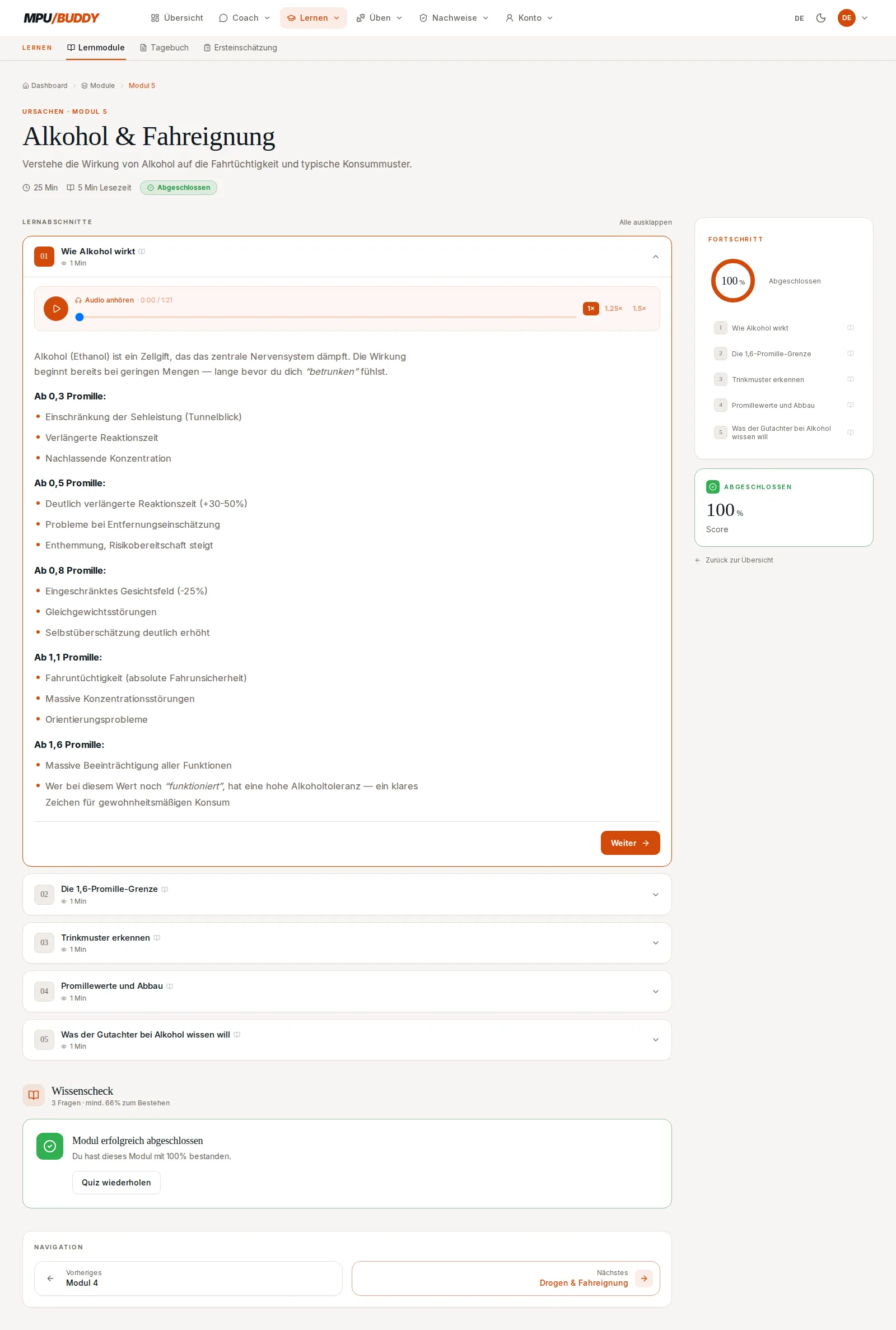 Ein Lernmodul: Abschnitte mit Audio-Player, Fortschritt und Wissenscheck