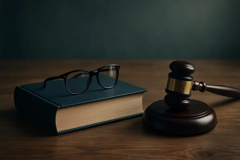 Richterhammer neben einem geschlossenen Buch mit aufgelegter Brille