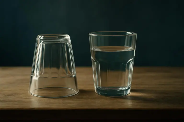 Zwei Glaeser auf einem Holztisch — eines umgedreht und leer, eines mit Wasser gefuellt