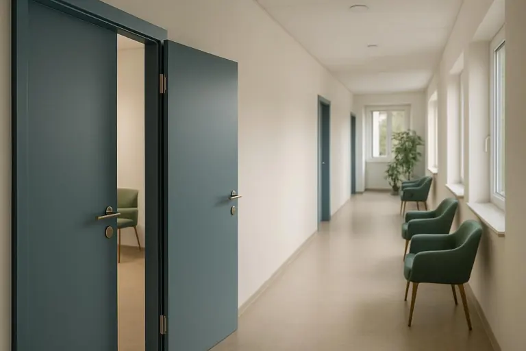 Heller Flur mit offener Tuer und einer Reihe Wartestuehle