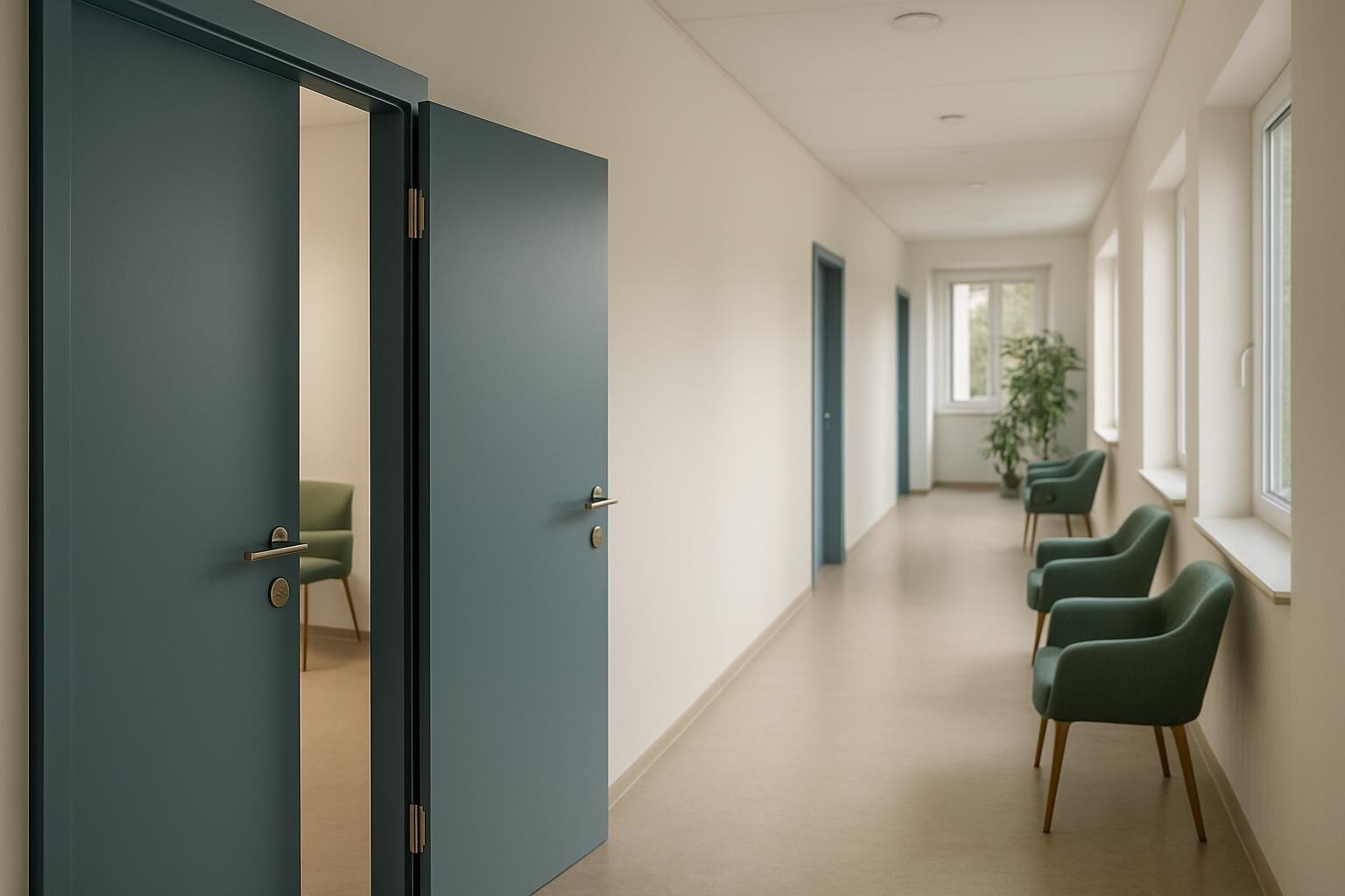 Heller Flur mit offener Tuer und einer Reihe Wartestuehle