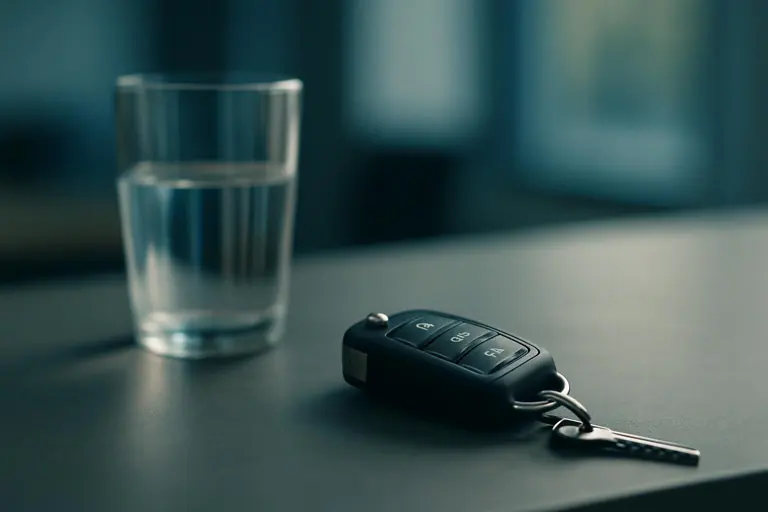 Ein Glas Wasser und ein Autoschluessel nebeneinander auf einem Tisch