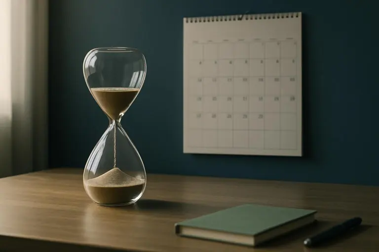 Sanduhr auf einem Schreibtisch, dahinter ein leerer Wandkalender