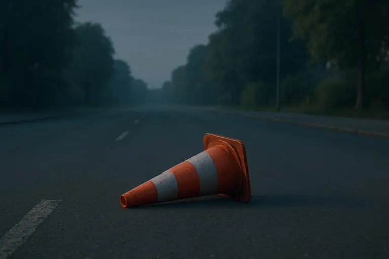 Umgekippter Leitkegel auf einer leeren Landstrasse