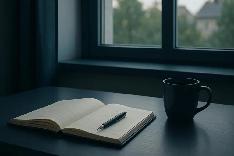 Aufgeschlagenes Notizbuch mit Stift und einer Tasse am Fenster