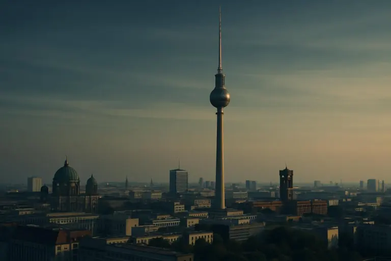 Berliner Skyline mit dem Fernsehturm in der Daemmerung