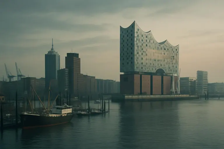 Hamburger Hafen mit der Elbphilharmonie am Wasser