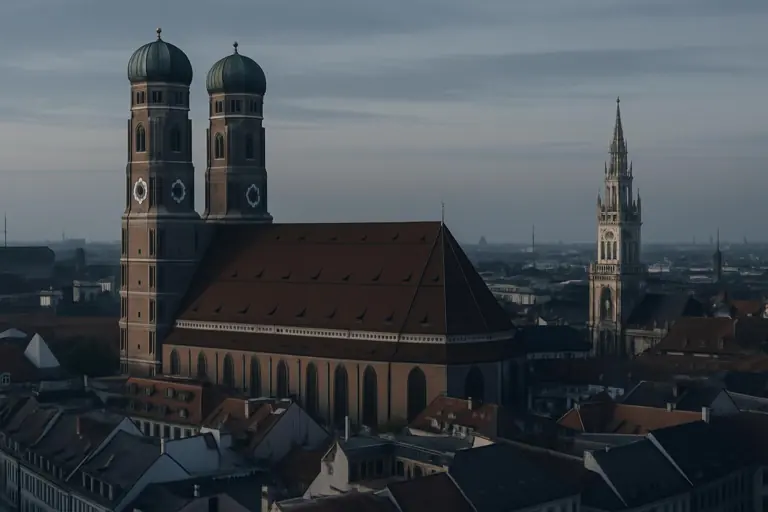Tuerme der Muenchner Frauenkirche ueber den Daechern der Altstadt