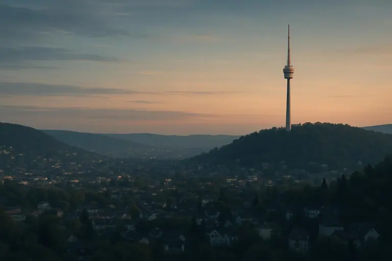 Stuttgarter Fernsehturm ueber bewaldeten Huegeln in der Daemmerung